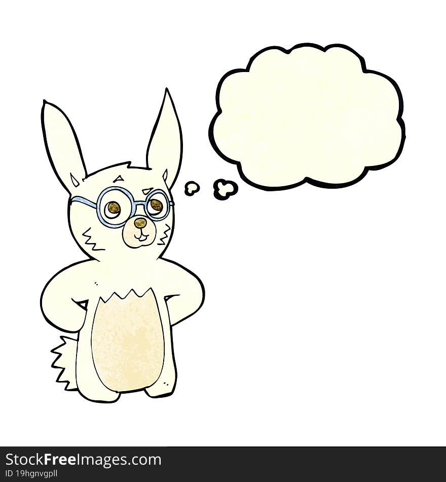 cartoon rabbit wearing spectacles with thought bubble