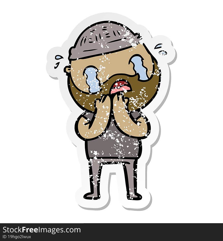 distressed sticker of a cartoon bearded man crying