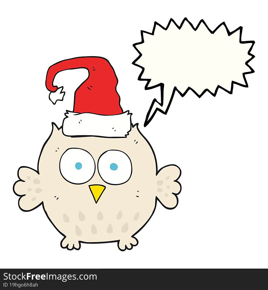 freehand drawn speech bubble cartoon owl wearing christmas hat