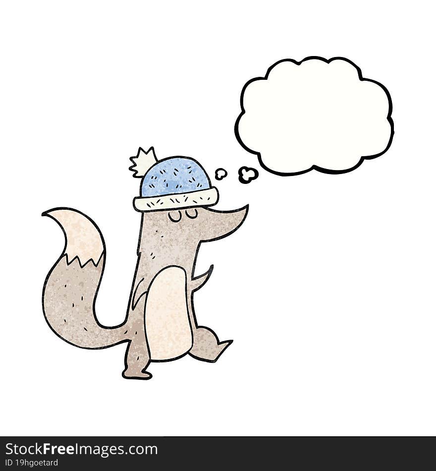 thought bubble textured cartoon little wolf wearing hat