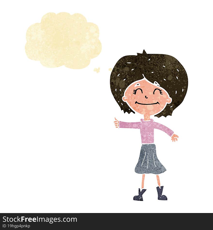 cartoon happy girl giving thumbs up symbol with thought bubble