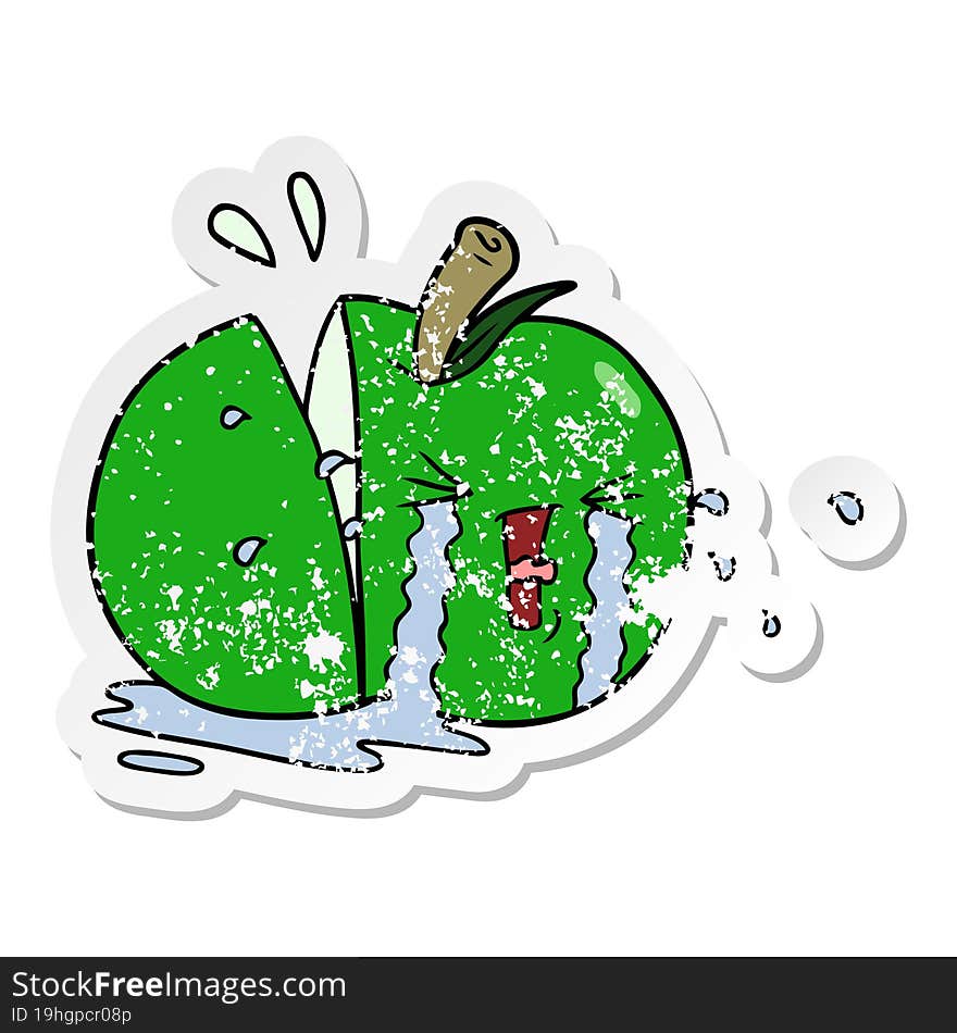 distressed sticker of a cartoon apple crying