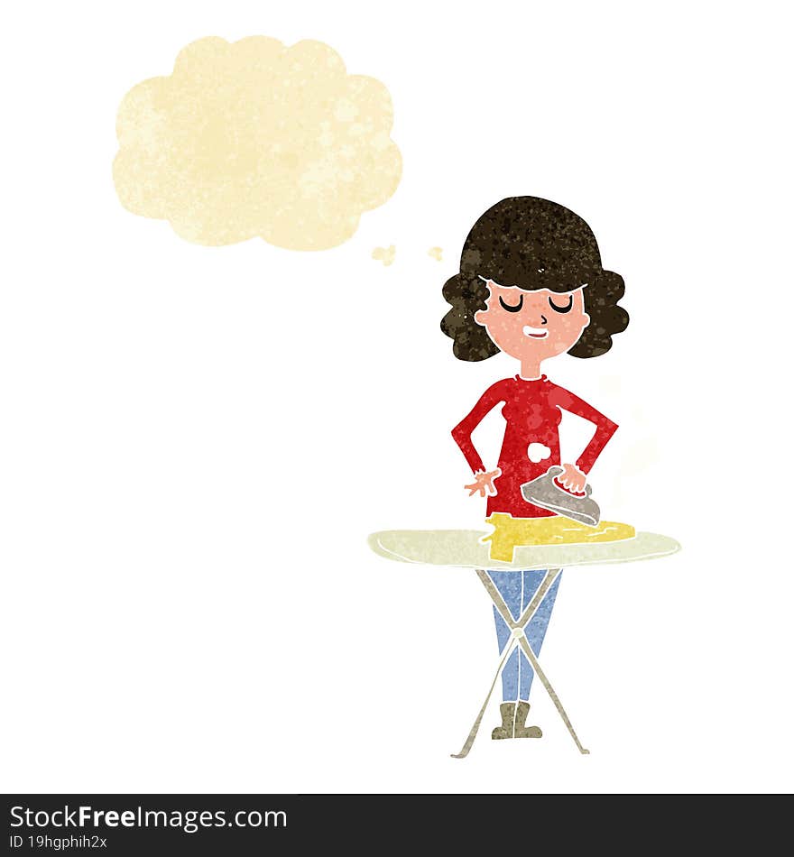 cartoon woman ironing with thought bubble