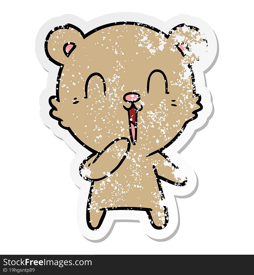 distressed sticker of a happy laughing cartoon bear