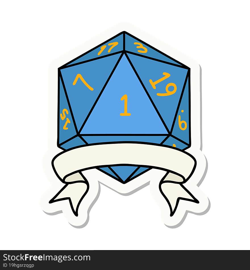 sticker of a natural one d20 dice roll. sticker of a natural one d20 dice roll