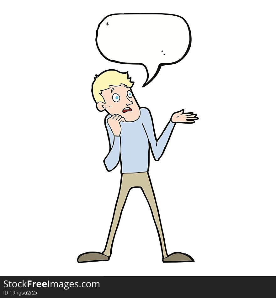 cartoon nervous man with speech bubble