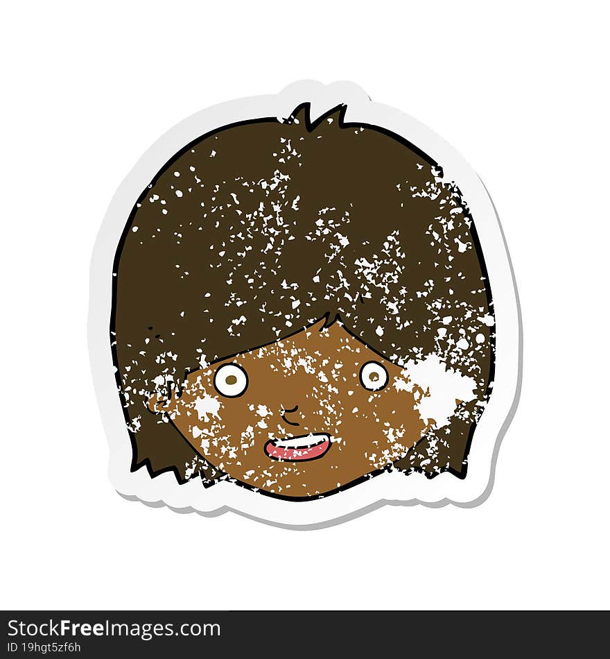 retro distressed sticker of a cartoon happy female face