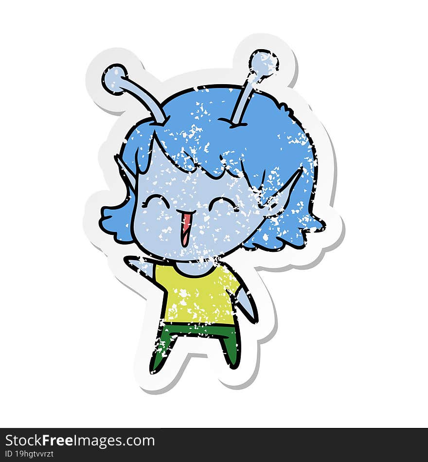 Distressed Sticker Of A Cartoon Alien Girl Laughing