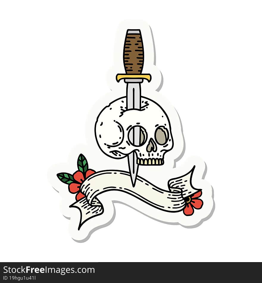 Tattoo Sticker With Banner Of A Skull And Dagger