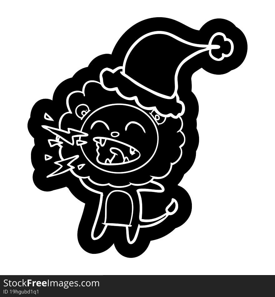 Cartoon Icon Of A Roaring Lion Wearing Santa Hat