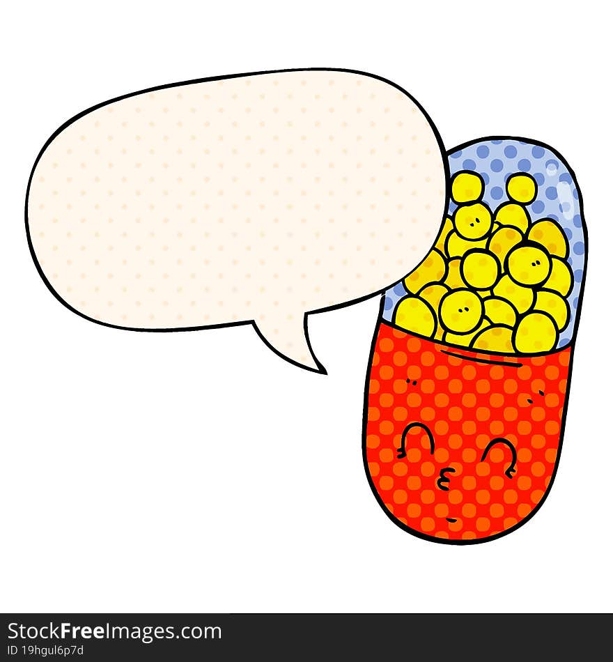 cartoon pill with speech bubble in comic book style