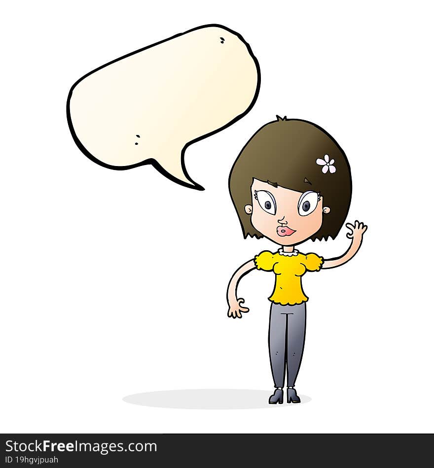 cartoon pretty woman waving with speech bubble