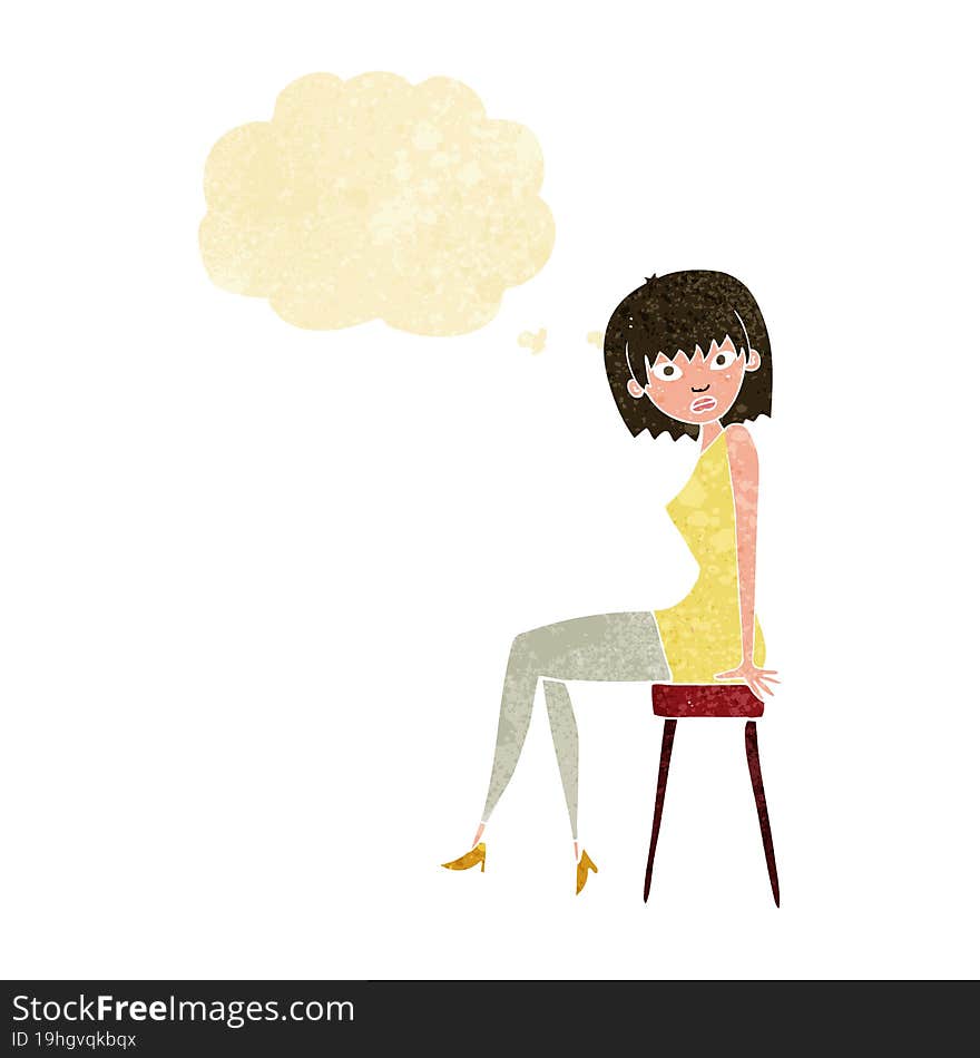 cartoon woman sitting on stool with thought bubble