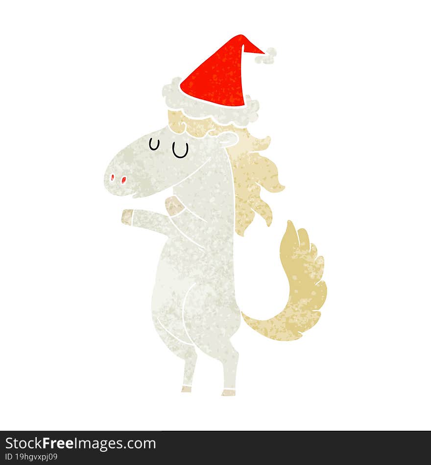 retro cartoon of a horse wearing santa hat