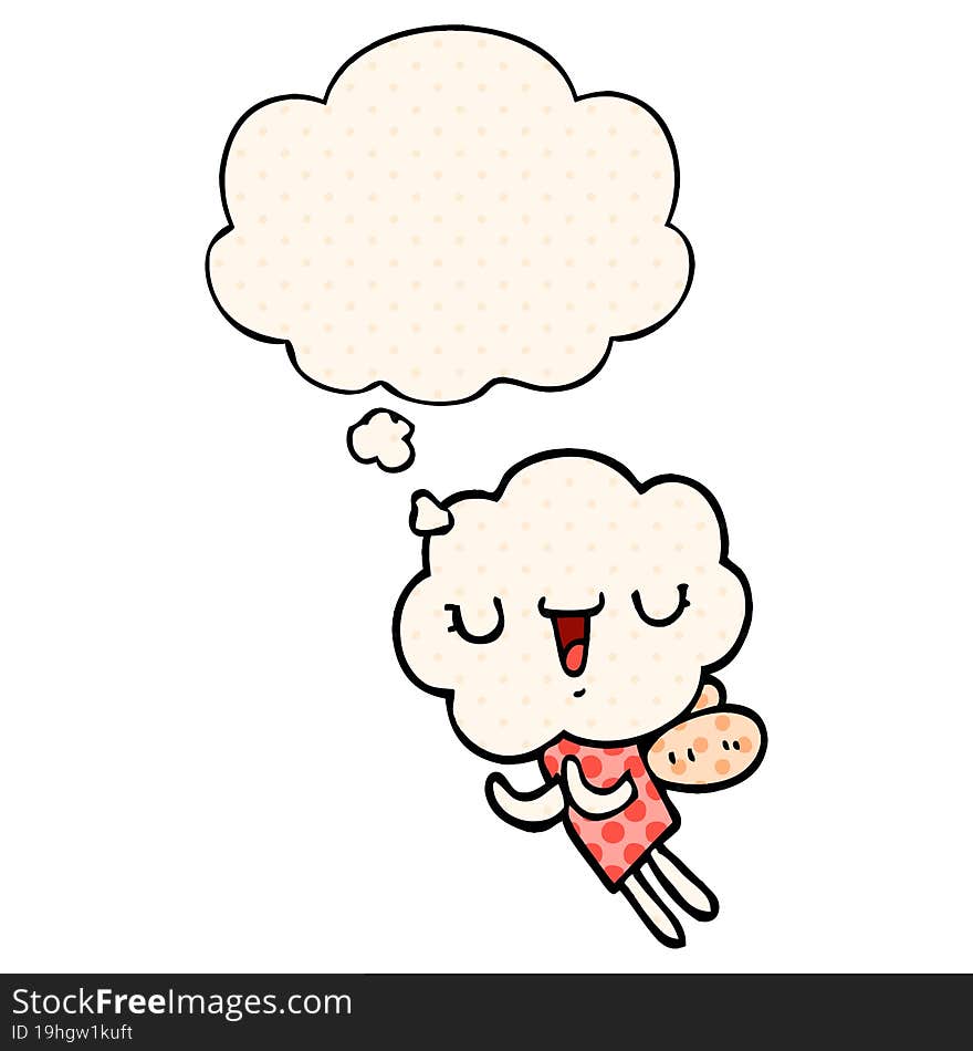 cute cartoon cloud head creature and thought bubble in comic book style