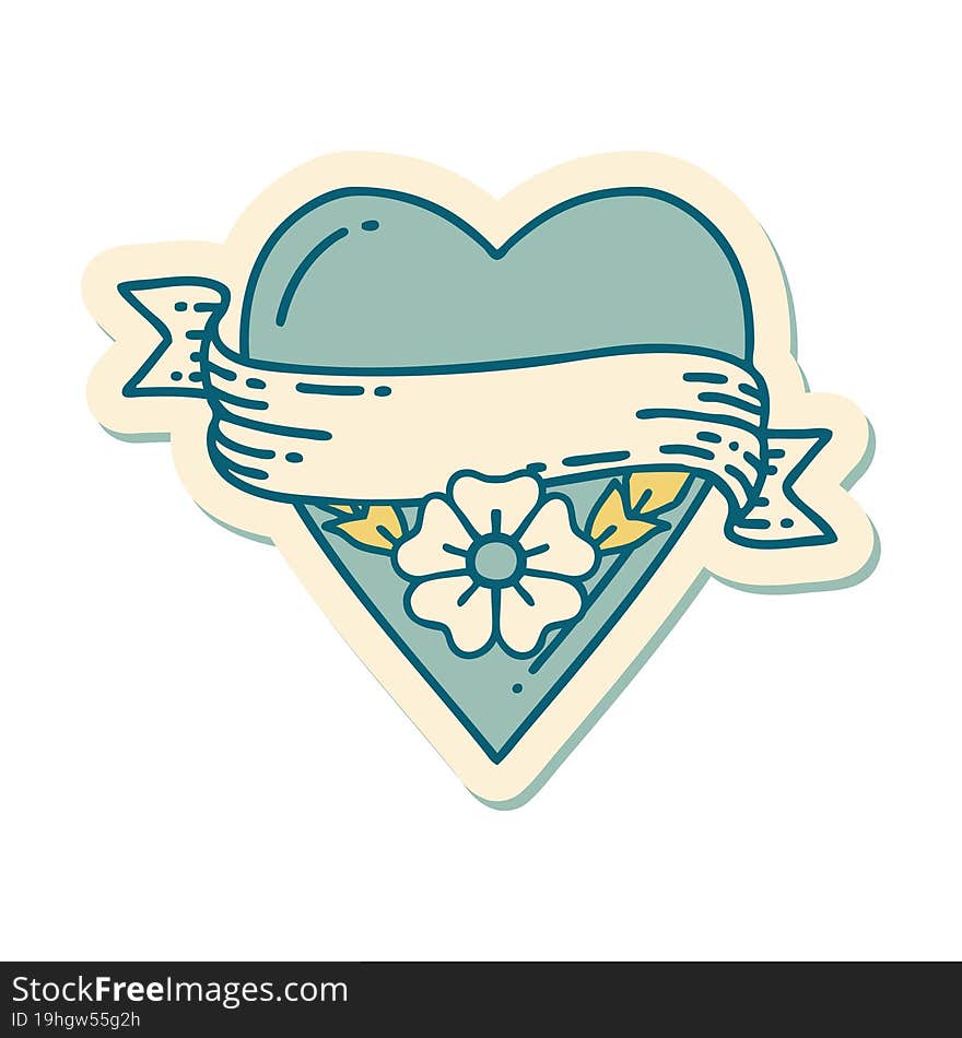 sticker of tattoo in traditional style of a heart flower and banner. sticker of tattoo in traditional style of a heart flower and banner