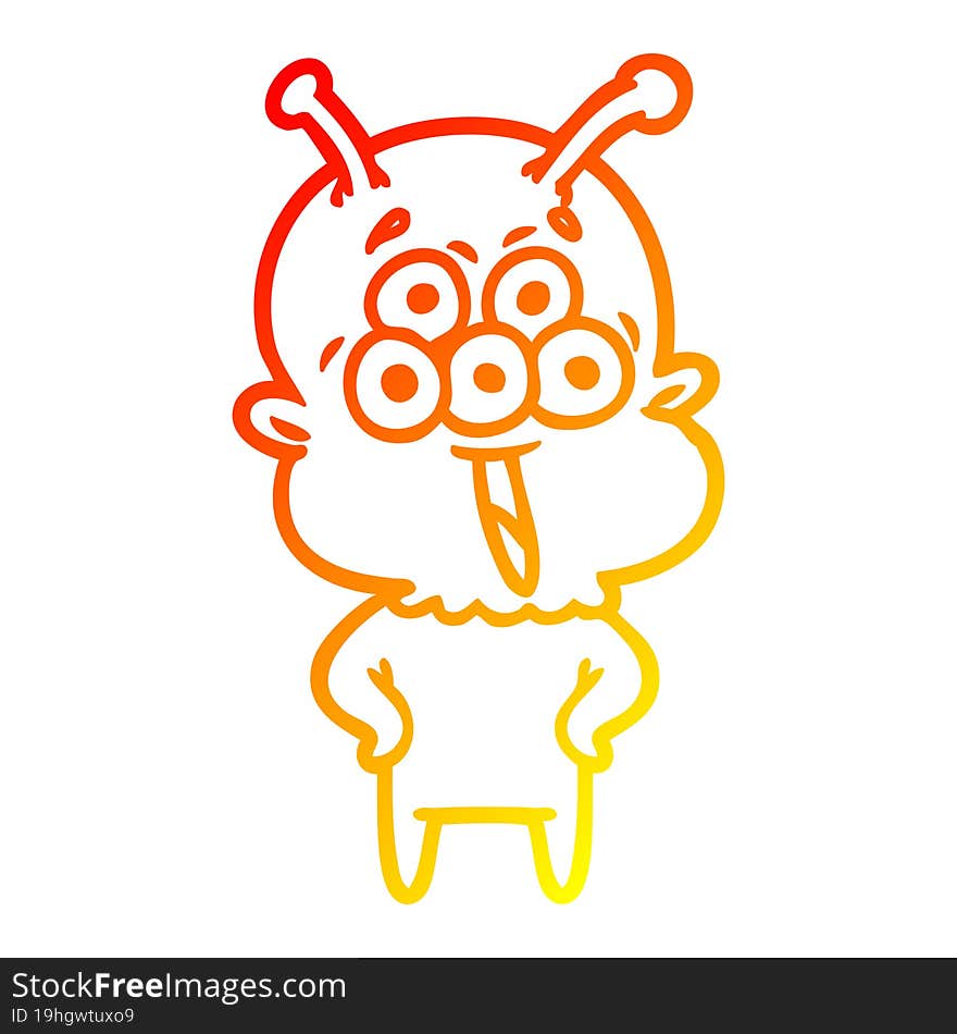 warm gradient line drawing of a happy cartoon alien