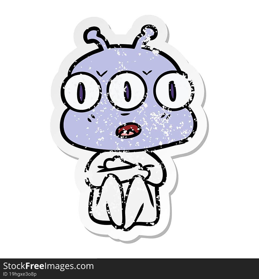 distressed sticker of a cartoon three eyed alien