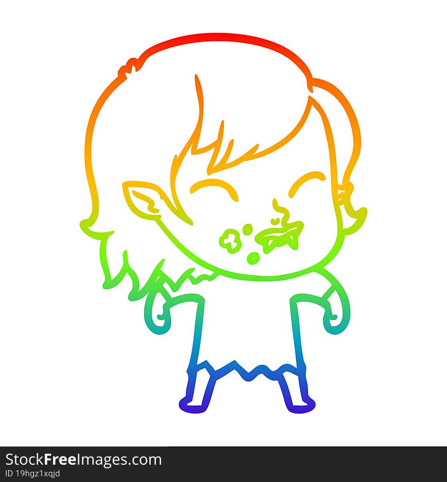 rainbow gradient line drawing cartoon vampire girl with blood on cheek