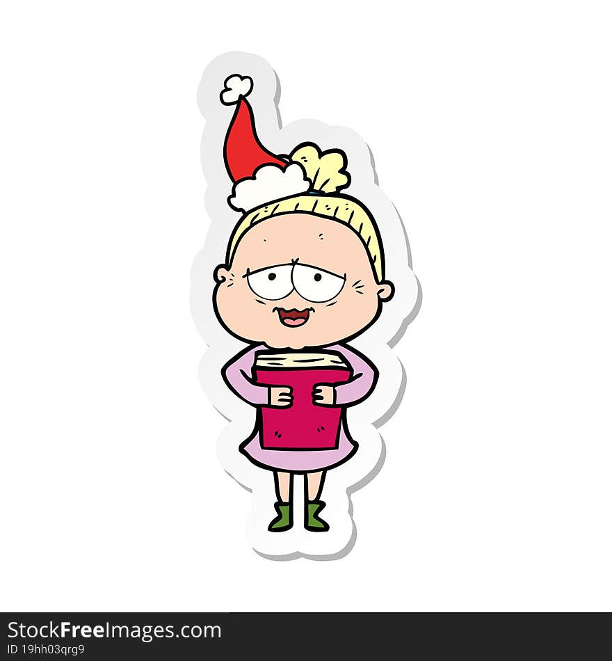 Sticker Cartoon Of A Happy Old Lady Wearing Santa Hat