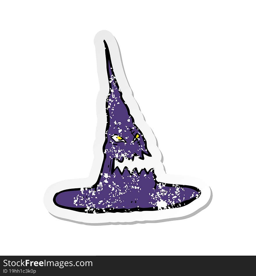 Retro Distressed Sticker Of A Cartoon Spooky Witches Hat