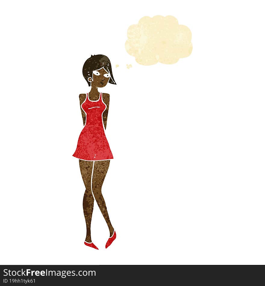 cartoon pretty woman in dress with thought bubble