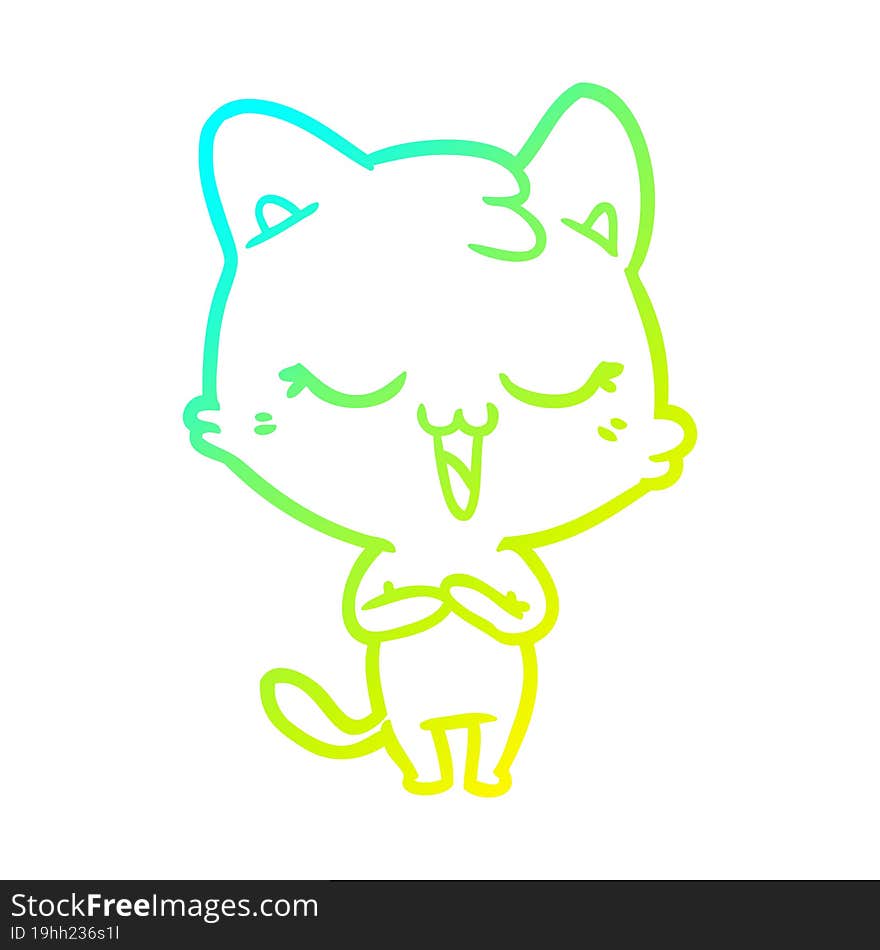 cold gradient line drawing of a happy cartoon cat