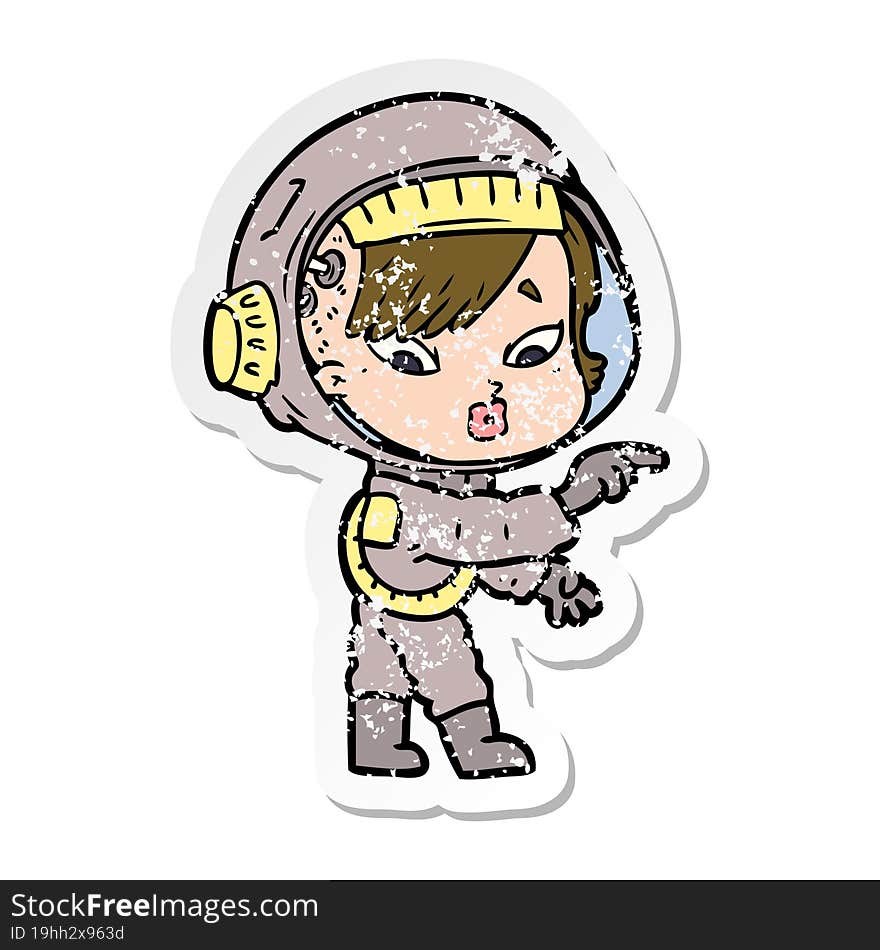 distressed sticker of a cartoon astronaut woman