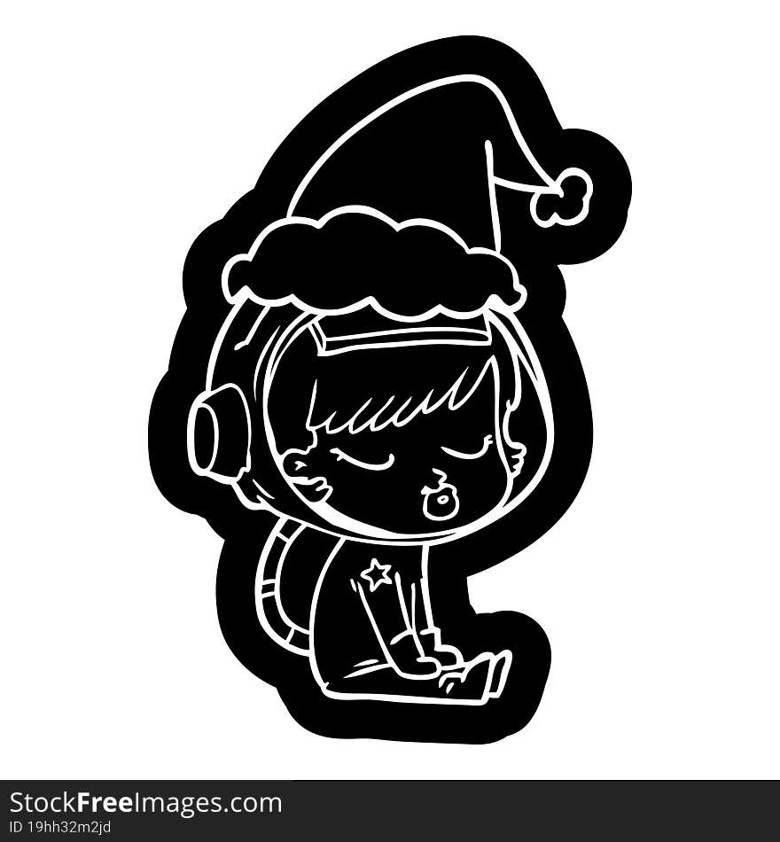 quirky cartoon icon of a pretty astronaut girl sitting waiting wearing santa hat