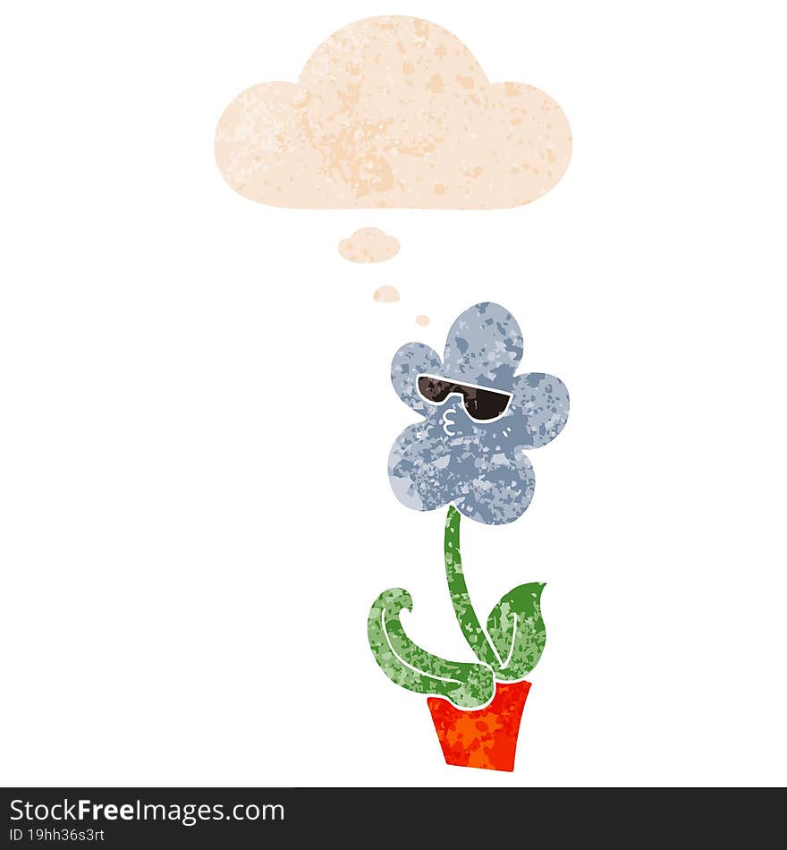 cool cartoon flower and thought bubble in retro textured style