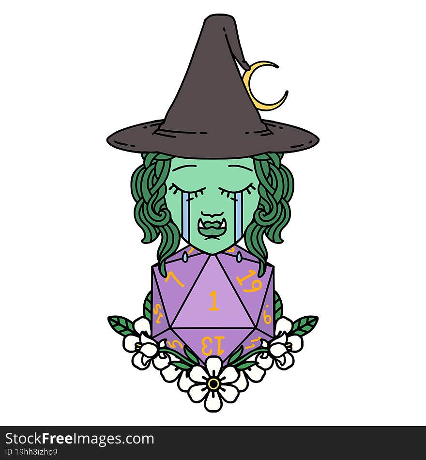 crying half orc witch with natural one D20 dice roll illustration