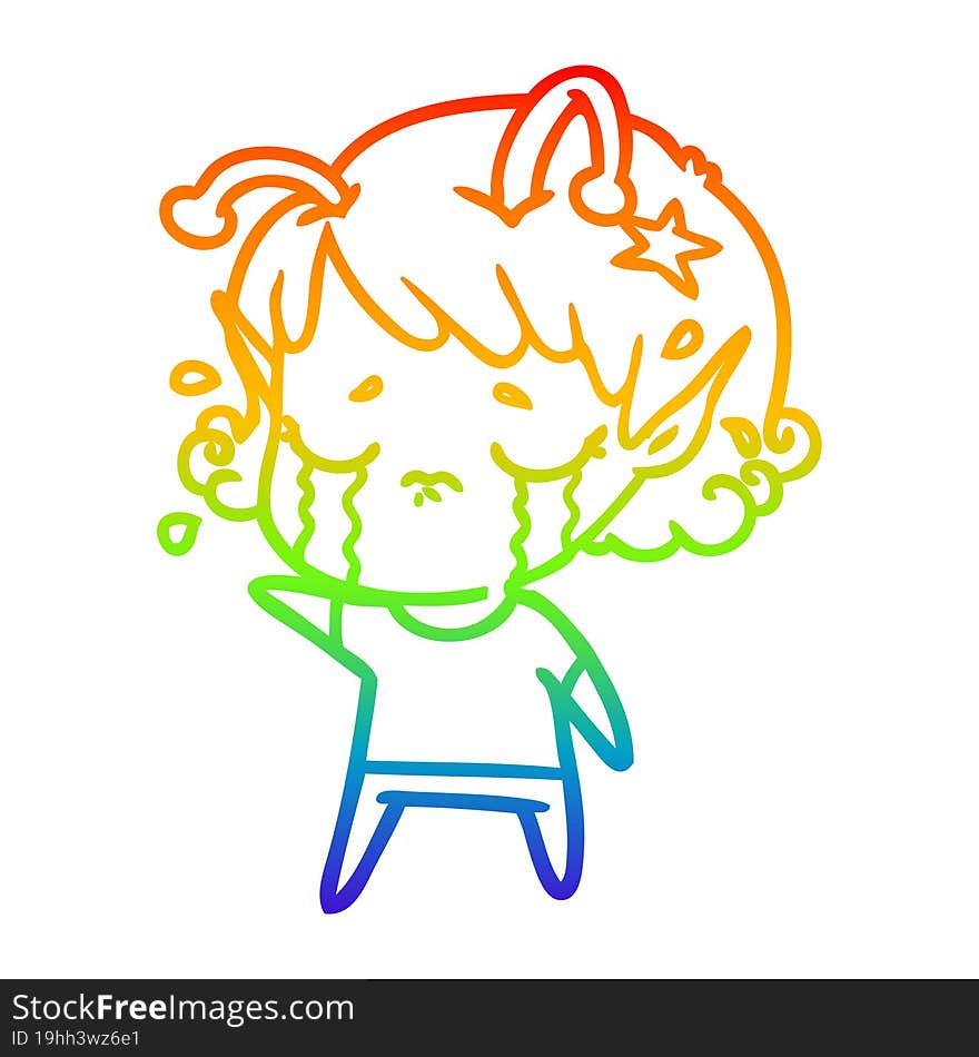 Rainbow Gradient Line Drawing Cartoon Crying Alien Girl