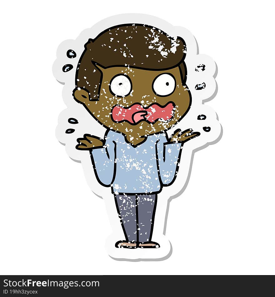 Distressed Sticker Of A Cartoon Man Totally Stressed Out