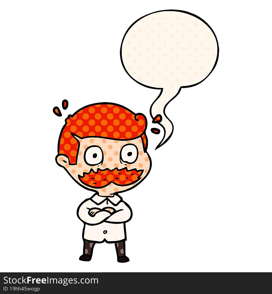 cartoon man and mustache shocked and speech bubble in comic book style