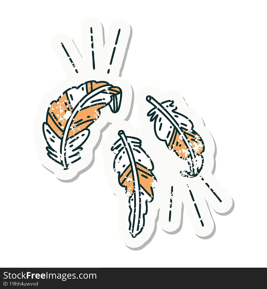 worn old sticker of a tattoo style feathers floating. worn old sticker of a tattoo style feathers floating