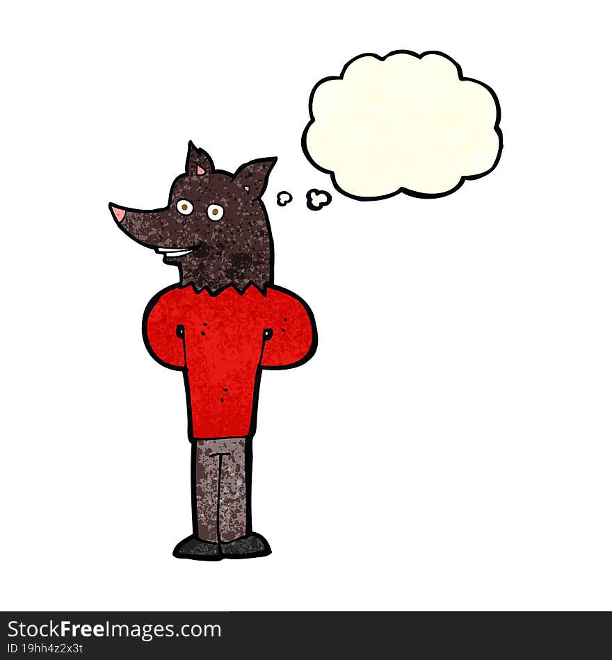 cartoon wolf man with thought bubble