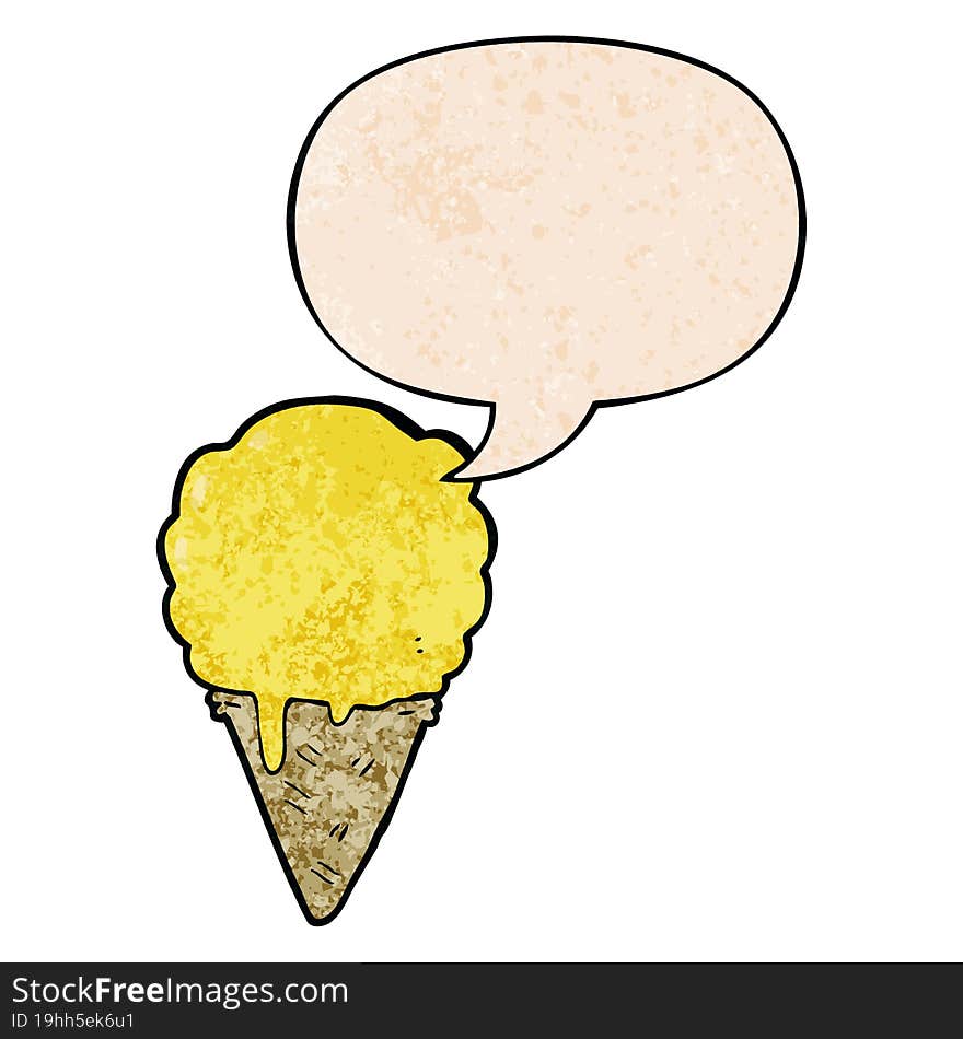 cartoon ice cream with speech bubble in retro texture style