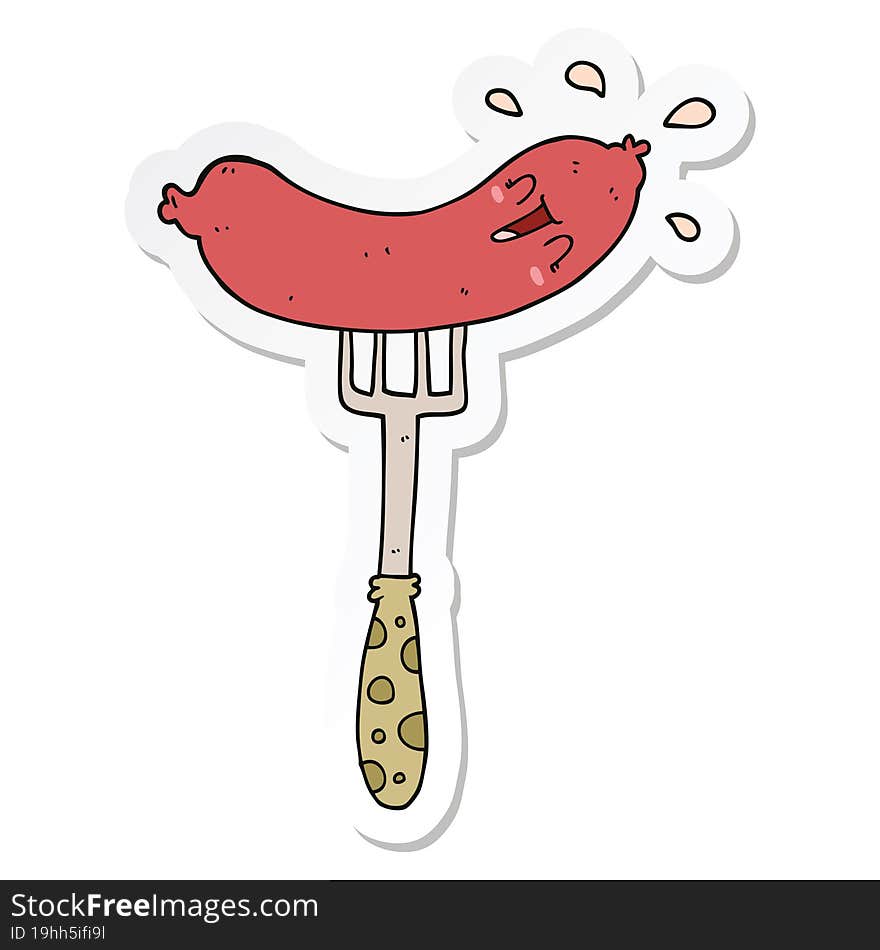 sticker of a cartoon happy sausage on fork