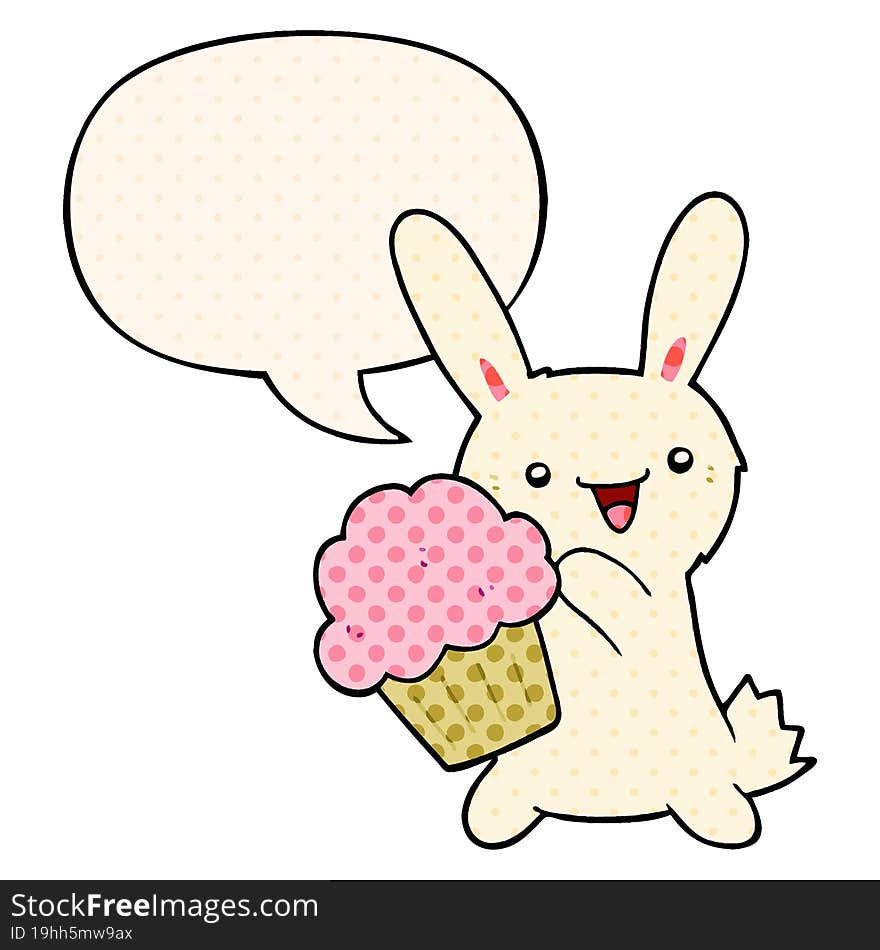 cute cartoon rabbit and muffin and speech bubble in comic book style