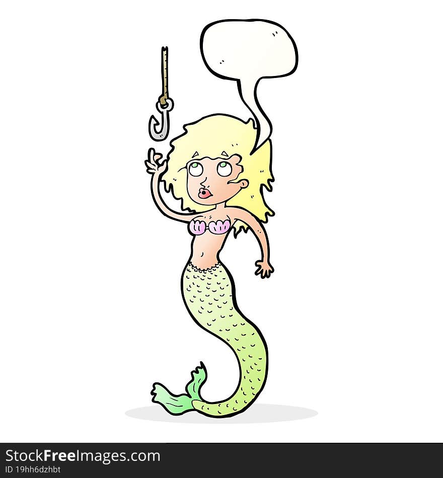 cartoon mermaid and fish hook with speech bubble