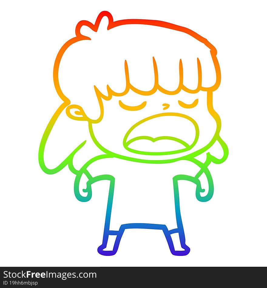 rainbow gradient line drawing of a cartoon woman talking loudly