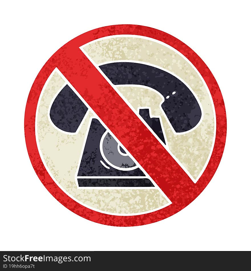 retro illustration style cartoon of a no phones allowed sign