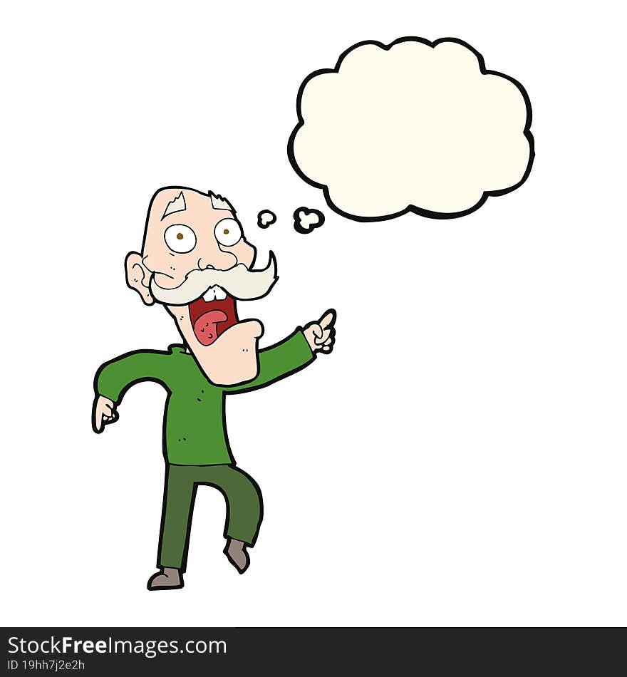 cartoon frightened old man with thought bubble