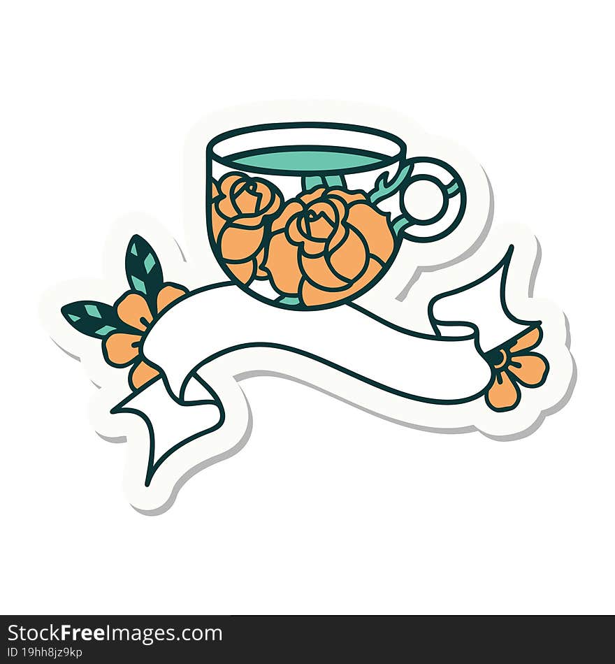 tattoo sticker with banner of a cup and flowers