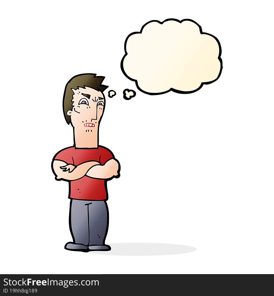 cartoon annoyed man with folded arms with thought bubble