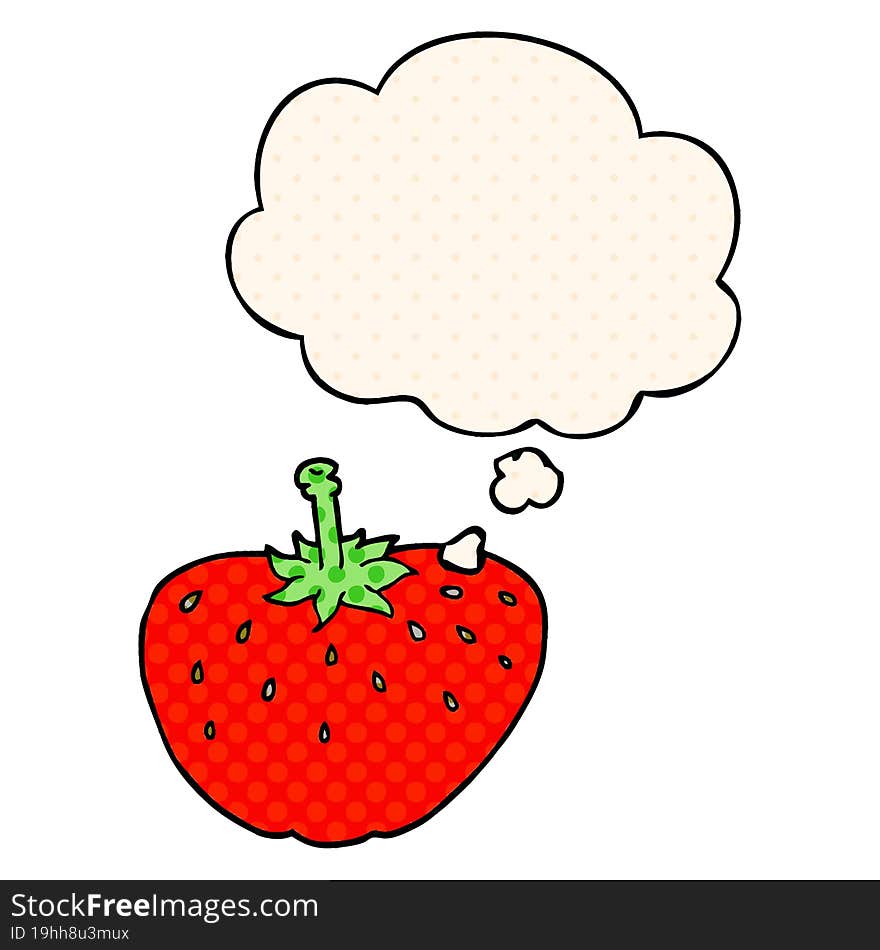 cartoon strawberry and thought bubble in comic book style