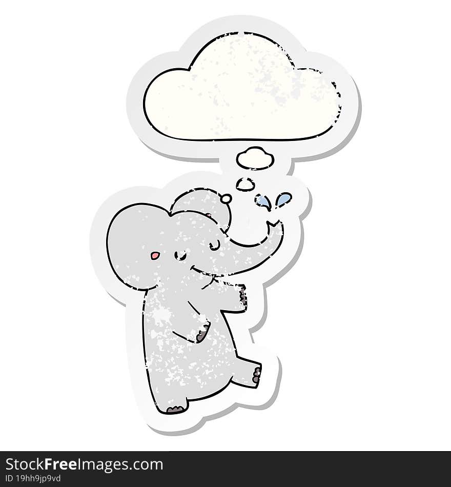 cartoon dancing elephant and thought bubble as a distressed worn sticker