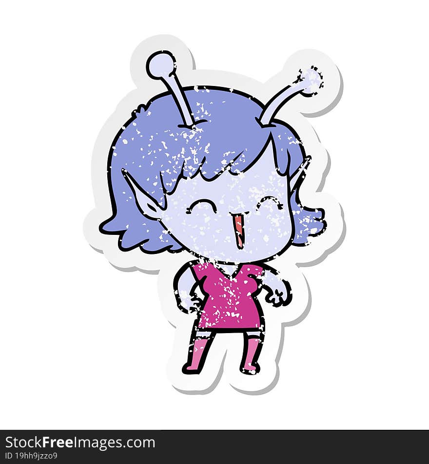 distressed sticker of a cartoon alien girl laughing