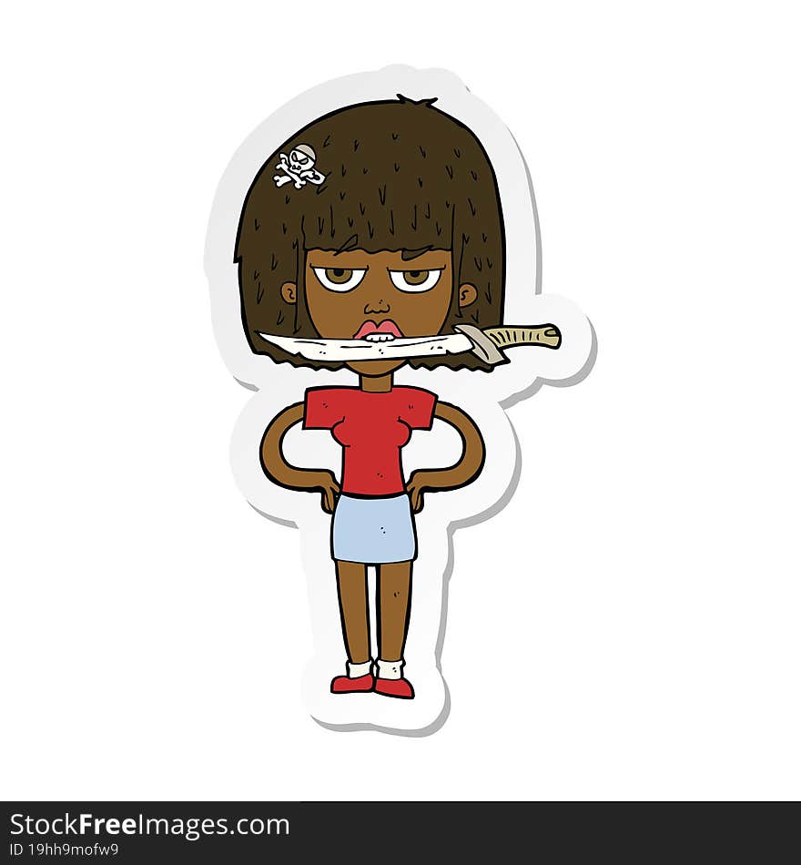 sticker of a cartoon woman with knife between teeth