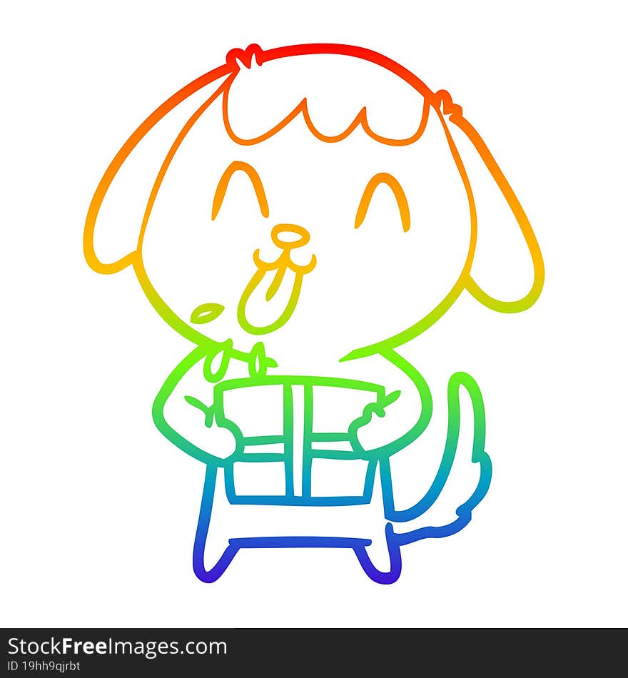 rainbow gradient line drawing cute cartoon dog with christmas present